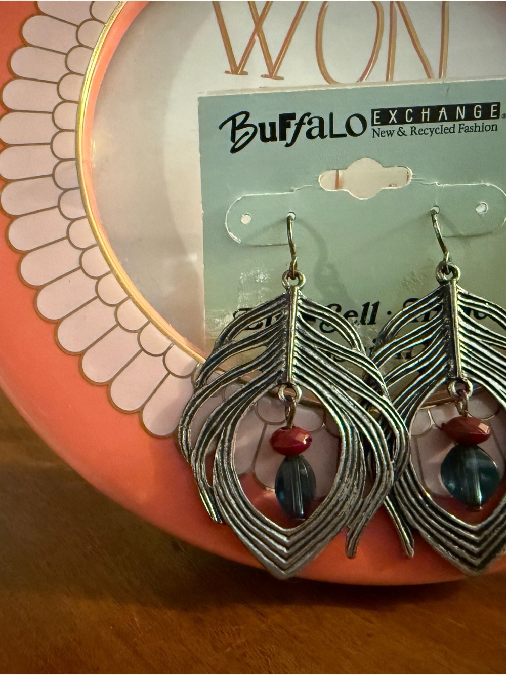 Silver Feather Drop Earrings with Red and Blue Beads